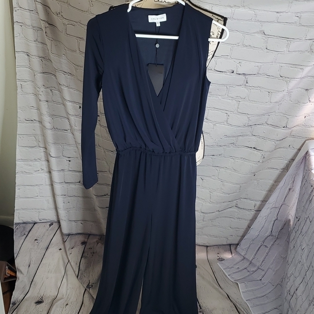 Halston Felix Matte Jersey Asymmetric Jumpsuit in Navy - Picture 2 of 9